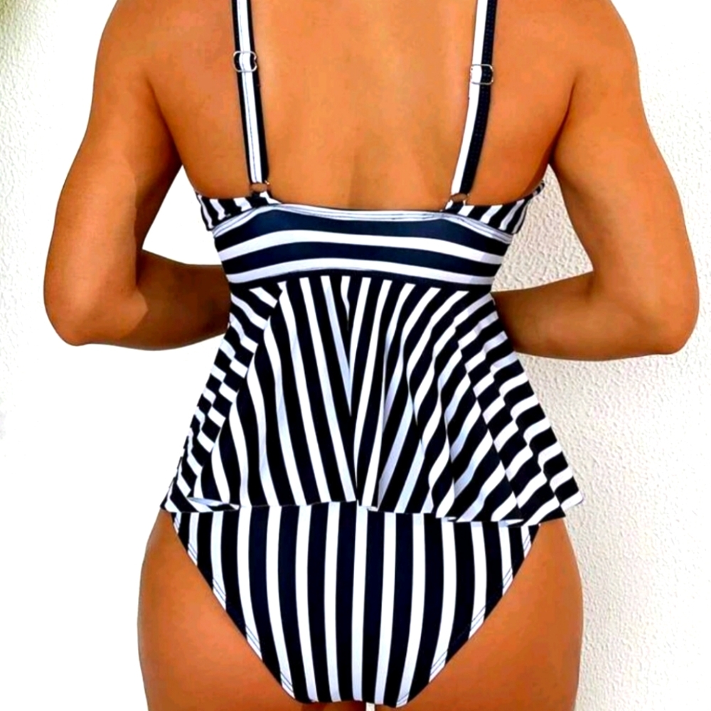 Tankini Stripe Bathing Suit Swim Suit Black & White Travel Beach Wear Outdoor - Picture 5 of 5